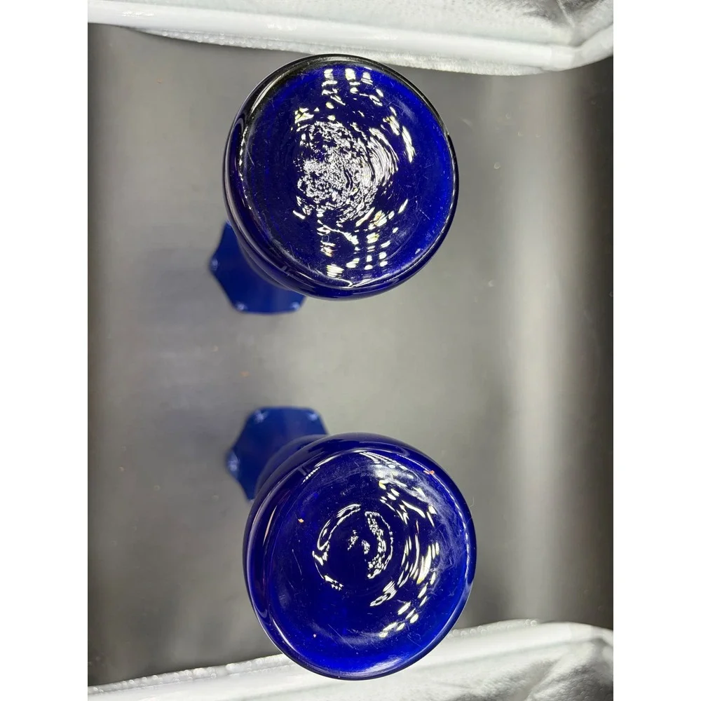 Vintage‎ Cobalt Blue Glass Bud Vases Set of 2 Ruffled Rim Hourglass Shape 8 Inch